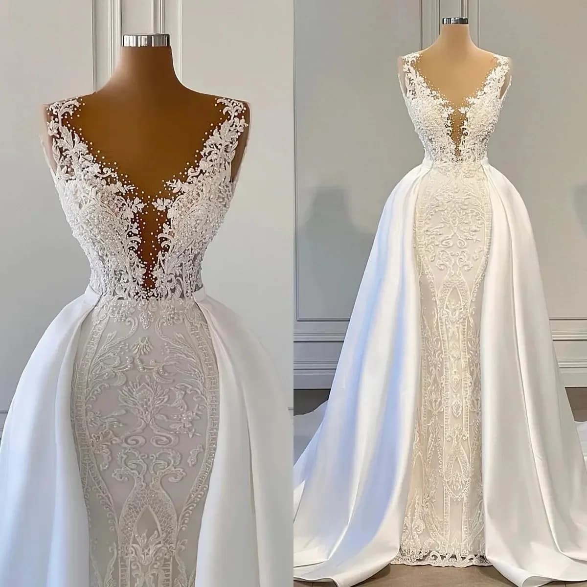 Arab Mermaid Wedding Dresses Dubai with Detachable Waist Wedding Dresses with Lace Applications with Beads Custom Wedding Dresses