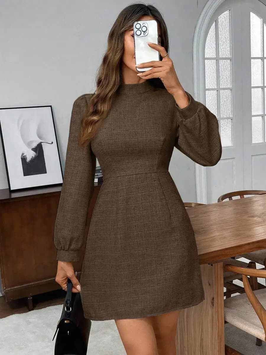 Womens Mandarin Collar Lantern Sleeve Waist Cinched Elegant Short Dress