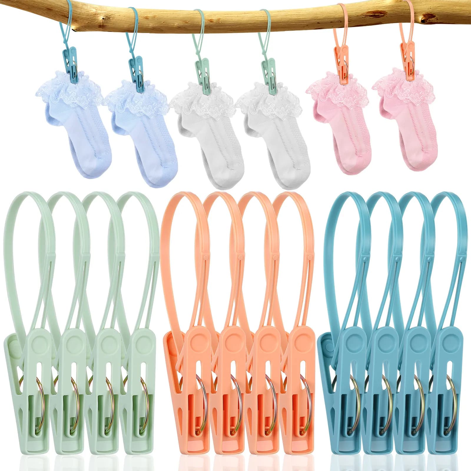 12Pcs Premium Windproof Laundry Clips with Hanging Rope for Clothes Drying Towels Quilts Blankets Socks Food Seal Bag Sealing