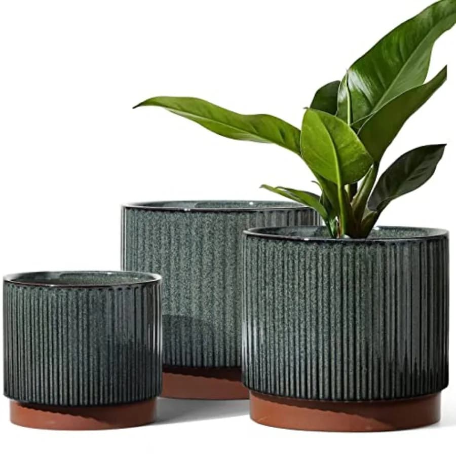 Set di 3 Vasi in Ceramica con Fori di Drenaggio 8+6.7+5.5 Pollici, Vasi da Giardino a Strisce per Piante da Esterno e Interno