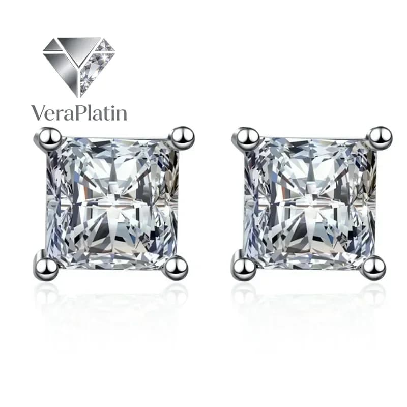 Orecchini a perno VeraPlatin da donna in oro bianco 18K per San Valentino, con moissanite quadrata da 0.6/1/2 carati, in platino PT950, per ragazza
