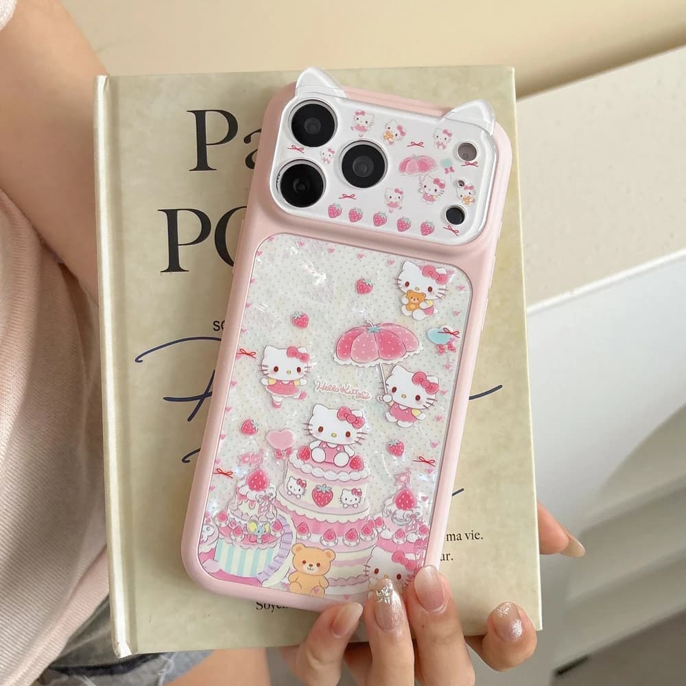 Cover per iPhone 17 16 15 Pro Max antiurto in acrilico rigido con orecchie di gatto 3D stereoscopiche a tema cartone animato Sanrio Hello Kitty