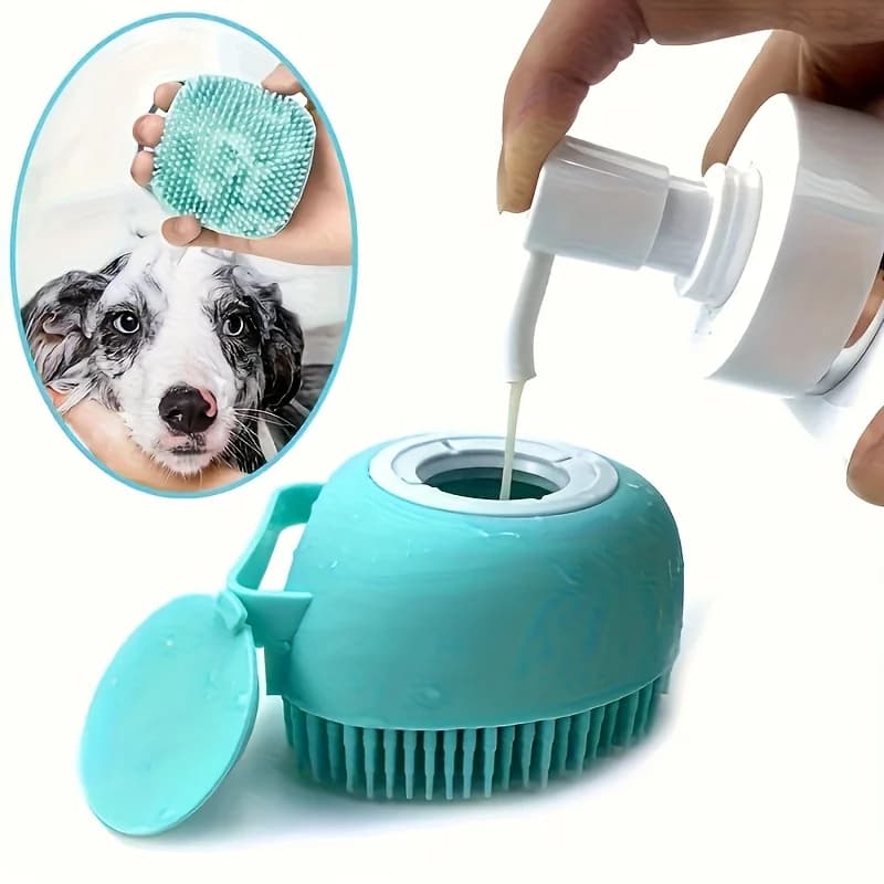 Spazzola per doccia per massaggio per animali domestici in gomma morbida siliconica con contenitore per shampoo incorporato Spazzola per toelettatura autopulente districante per cani e gatti
