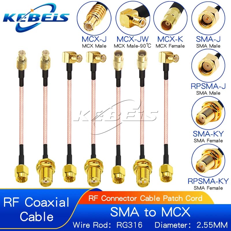 RG316 cable from SMA to MCX, male MCX connector to RP-SMA female with clamp, at right angle and elbow 90° ° Wi-Fi antenna with Coaxial extension cable RF