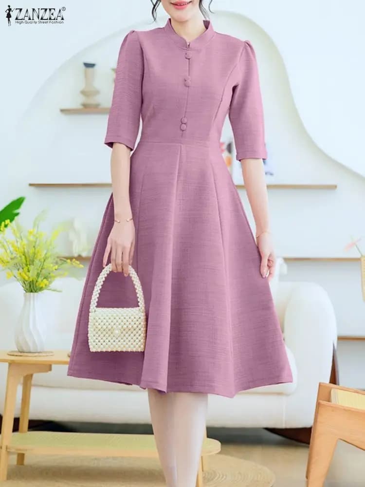 Elegant Stand Neck Midi Dresses ZANZEA Women 2026 Summer Dress Stylish Half Sleeve Party Work Sundress Solid A Line Waisted Robe