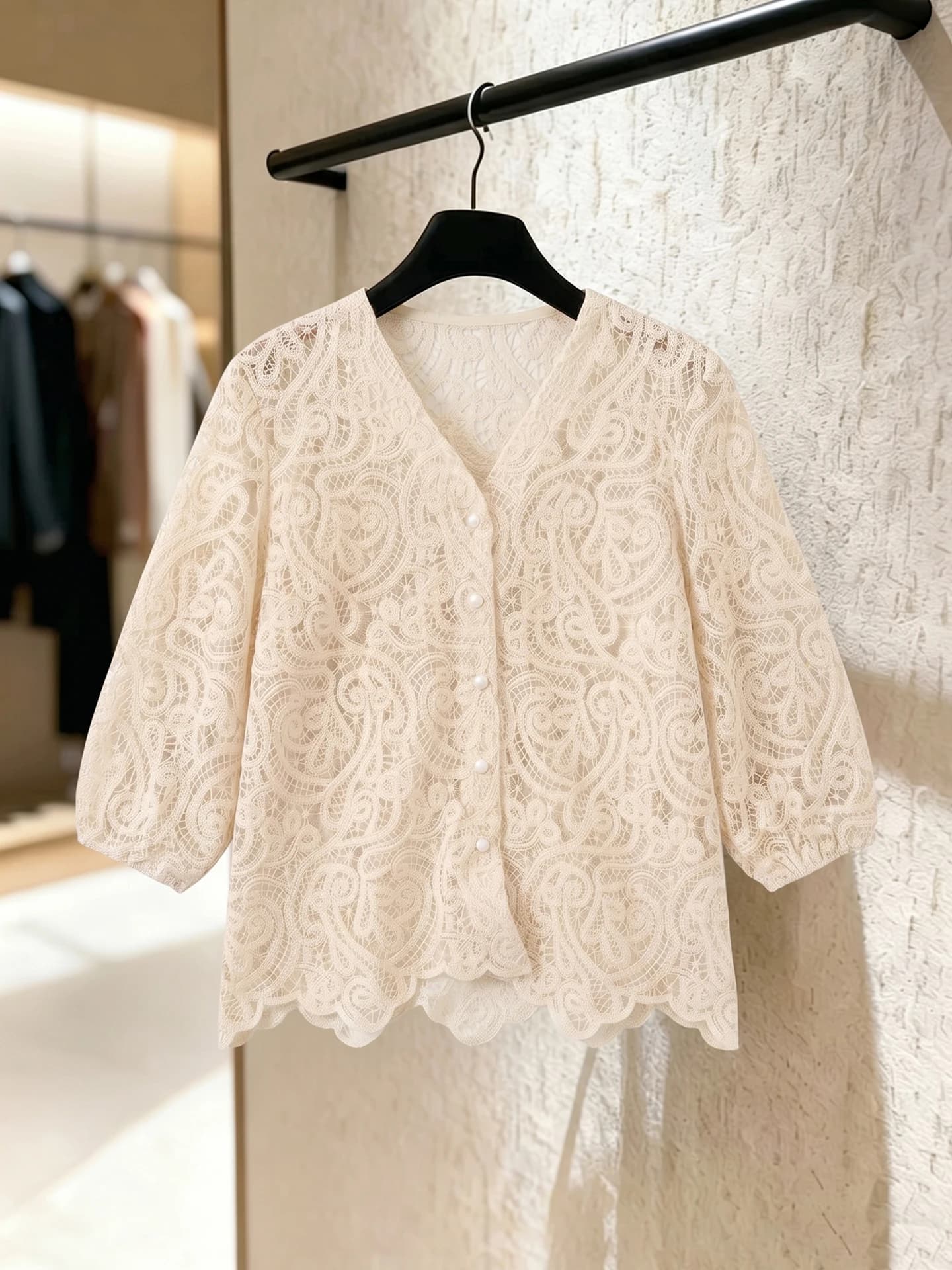 Elegant Lace Shirt V-Neck Single Button Women's Fashion Summer 2026 Poetic Lin Korean Style Straight Cut Seven Sleeve Length