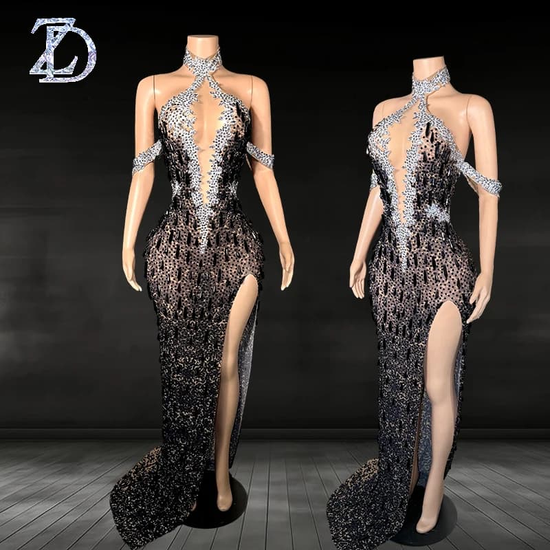 ZD Abito da sera sexy con scollo all'americana a V profondo con rete trasparente e strass scintillanti Abito da donna con strass taglie forti