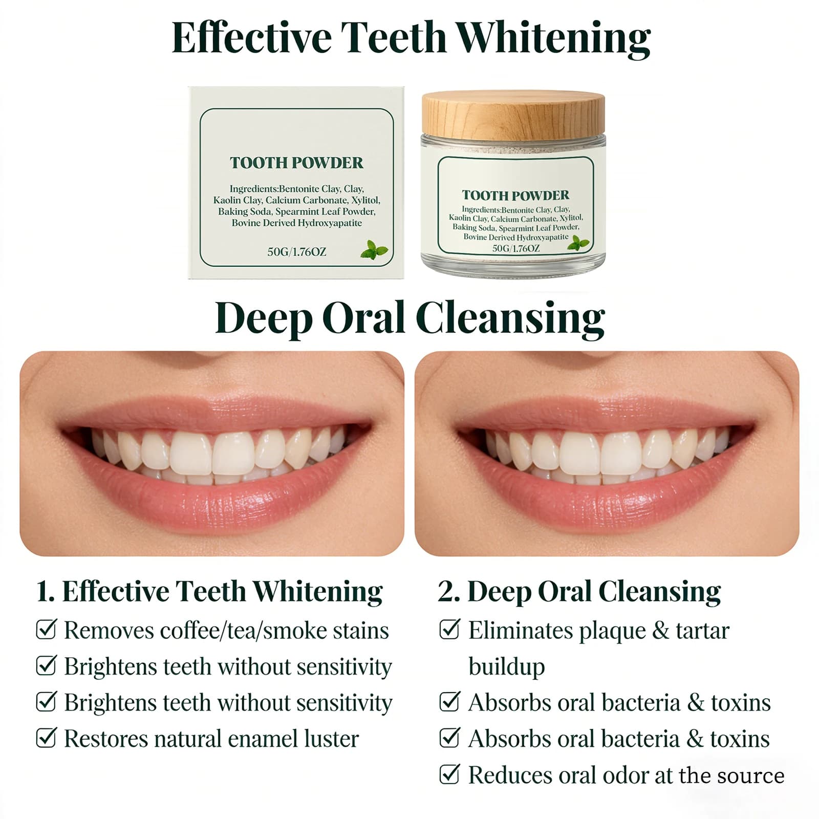 Polvere Dentifricia alla Menta Sbiancante, Rimuove le Macchie, Anti-Ingiallimento, Alito Fresco, Allevia le Carie, Polvere Orale per Denti