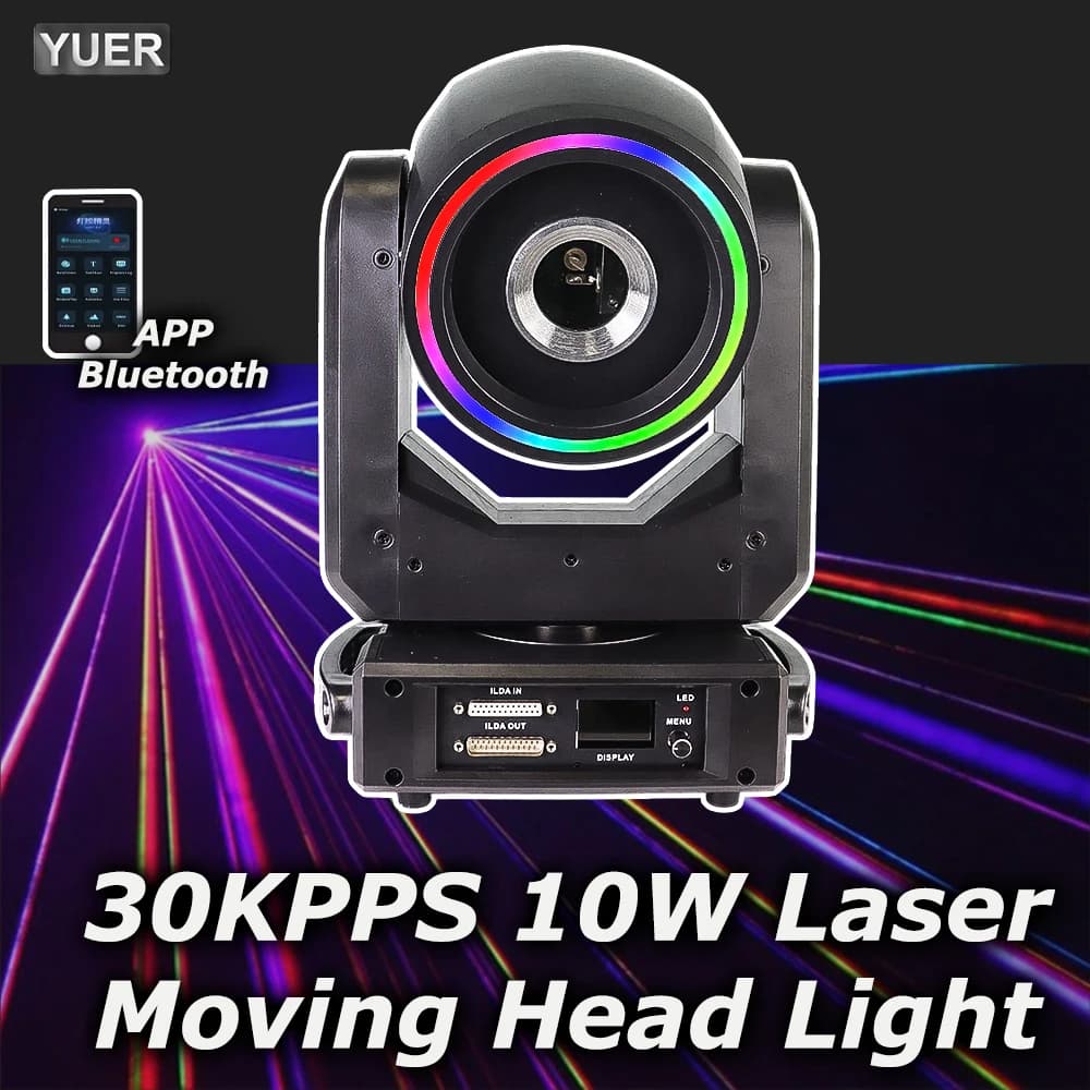 Luce Laser RGB YUER con Controllo APP, 30KPPS 10W, Testa Mobile con Anello SMD, Scanner di Effetti Luminosi, Proiettore Laser da Palco DMX512 per DJ