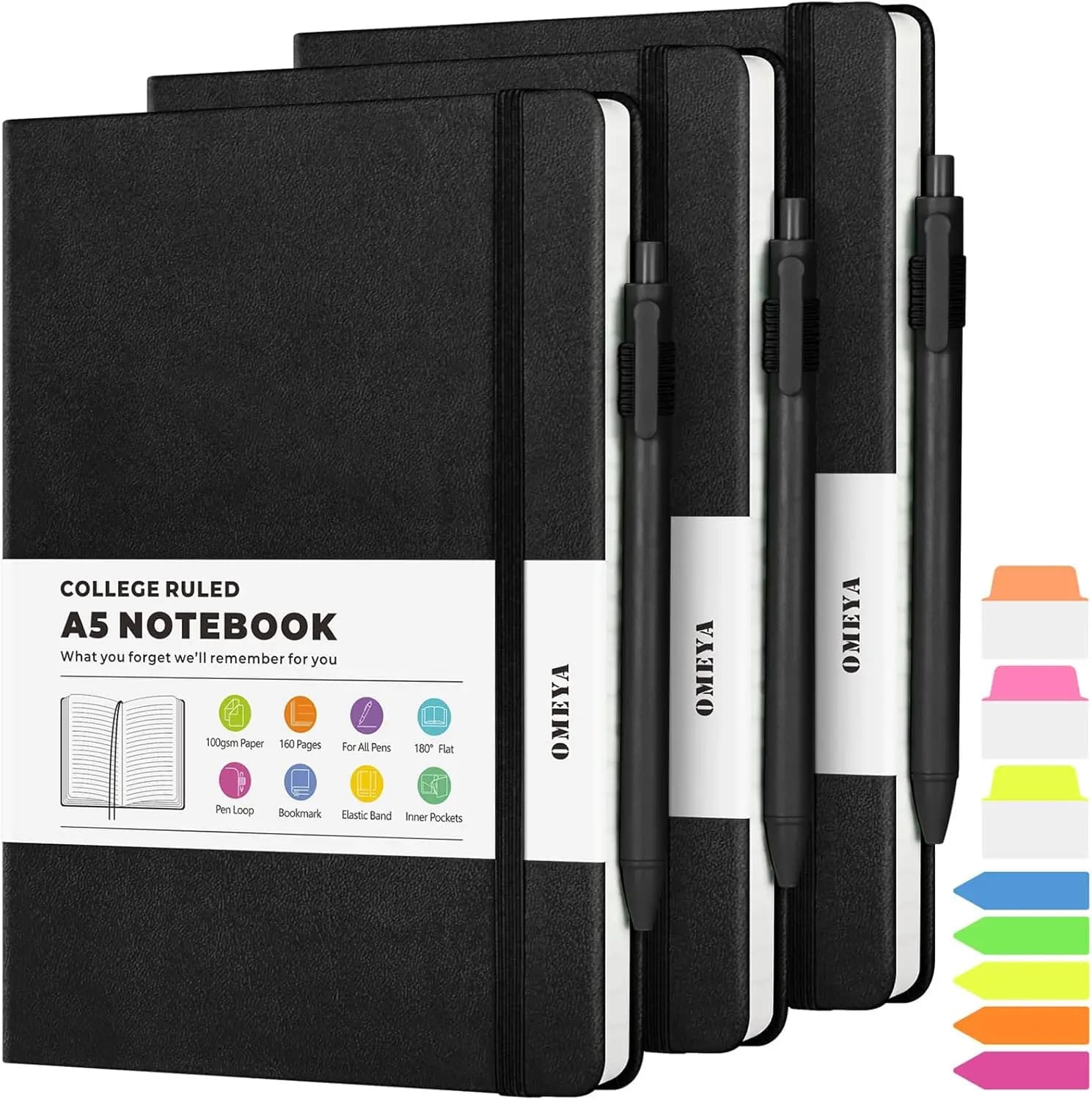 3 Pack A5 Leather Journal Notebooks with 160 Pages, 100GSM Thick Paper, College Ruled, for Work, School & Travel, Black
