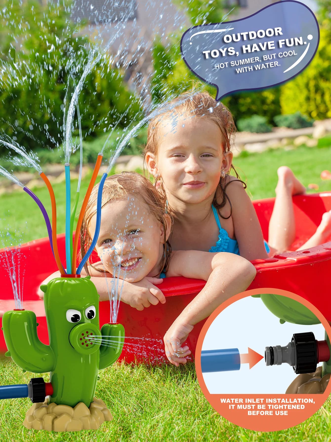 Kids sprinkler with 6 oscillating tubes connecting children's sprinklers to garden hoses to spray depth up to 8 feet
