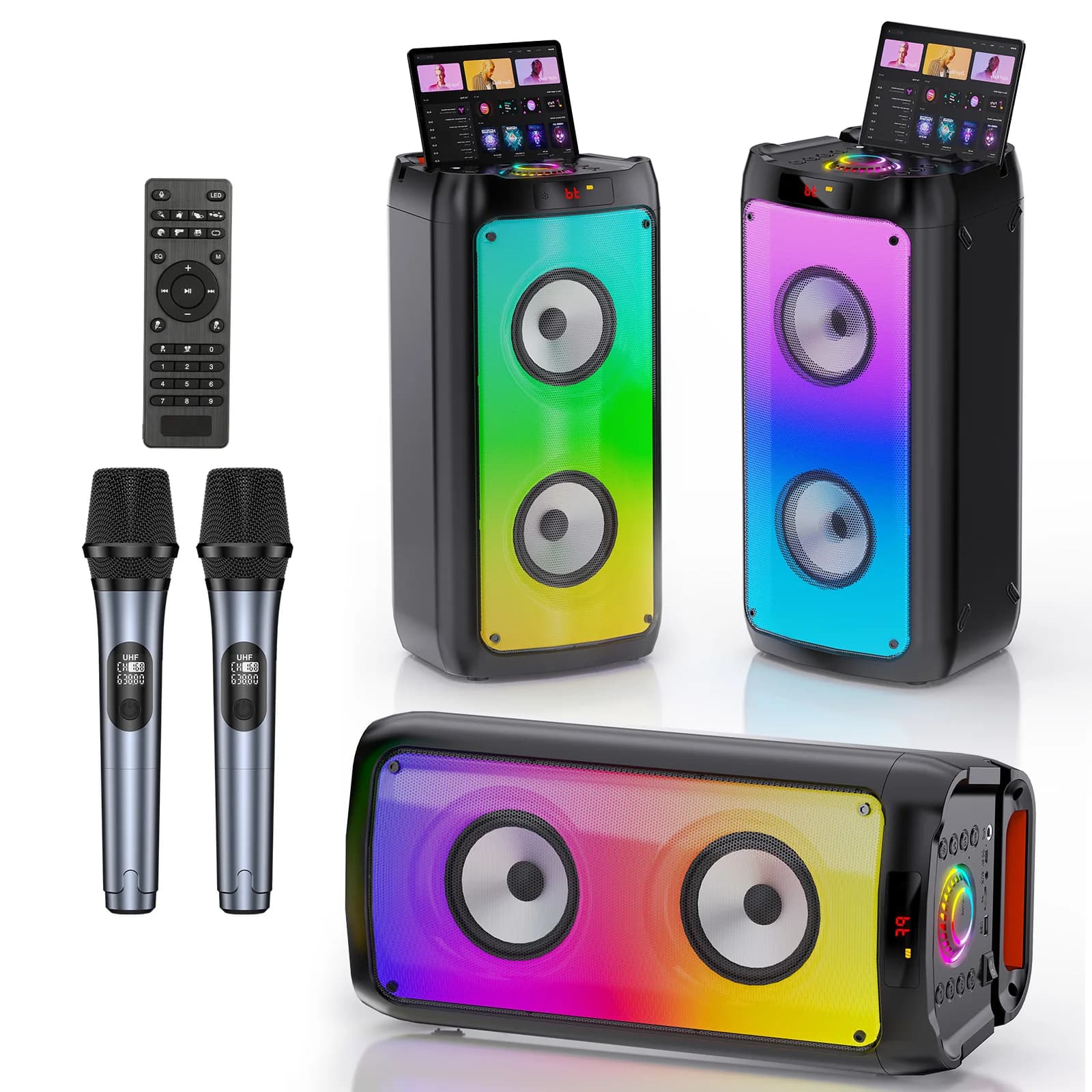 Macchina per karaoke con 2 microfoni wireless, sistema PA Big Party con luci da discoteca per riunioni, monitor scenici, i migliori regali