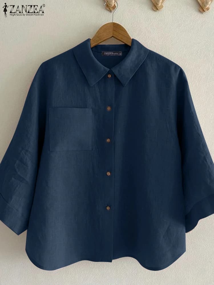 Vintage Lapel Neck 3/4 Sleeve Office Shirts ZANZEA Summer Cotton Blouses Women Casual Solid Work OL Tunic Tops Buttons Chemise