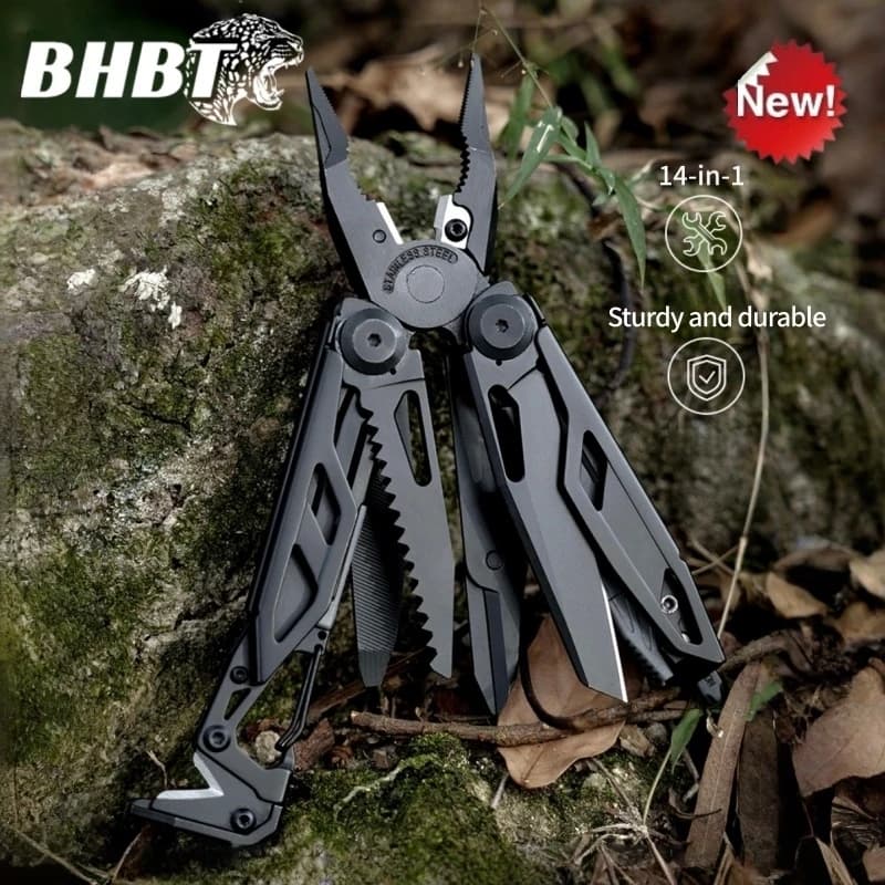 BHBT PA-91D Set di Attrezzi Multiuso 14-in-1 per Esterni, Pinze Pieghevoli Portatili per Emergenze con Fischietto, Forbici e Moschettone
