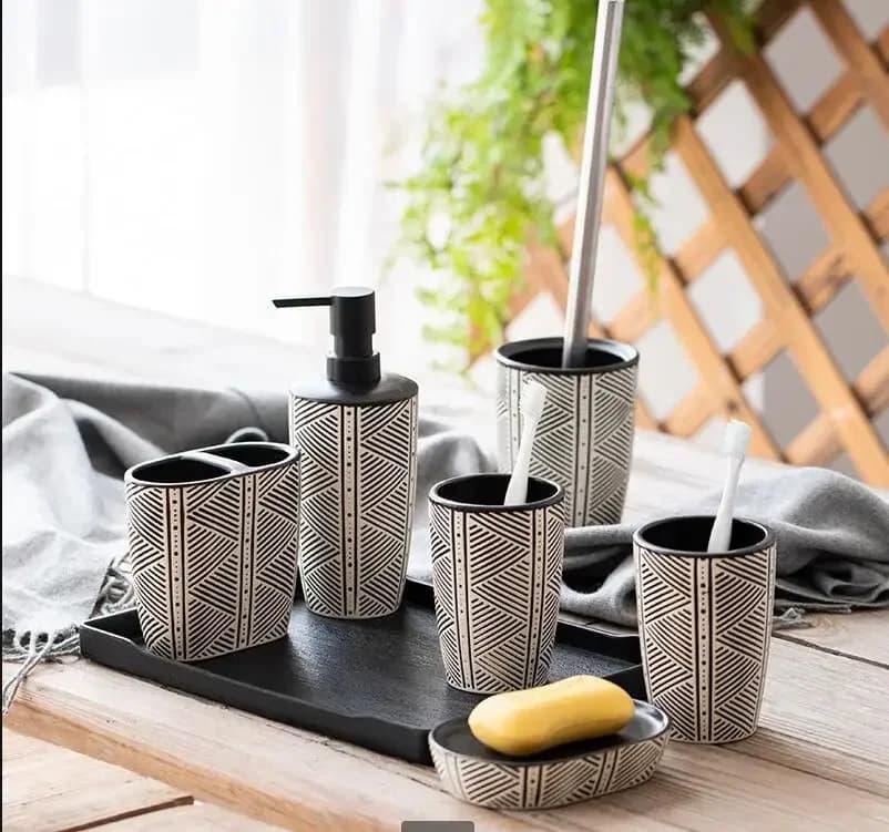 Kit di lavaggio a strisce nere Dispenser di sapone di lusso leggero Collutorio Tazza Set di scopini per WC Set di accessori per il bagno in ceramica Set da 5 pezzi