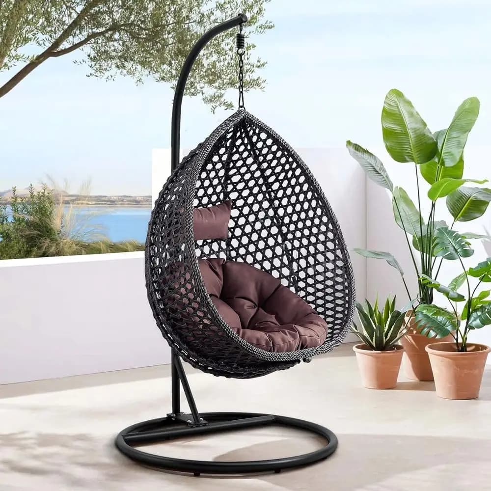 Rattan Wicker Egg Swing Chair with Stand and Cushions for Indoor or Outdoor Use, Heavy Duty 350lbs (Black)