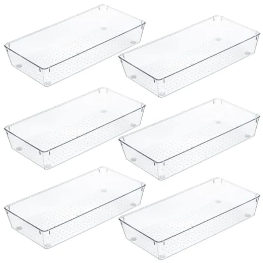 Set di 6 contenitori trasparenti da 12 x 6 x 2 pollici per organizzare i cassetti, divisori per cassetti da scrivania, set di scatole portaoggetti per utensili, piccoli oggetti e articoli da toeletta