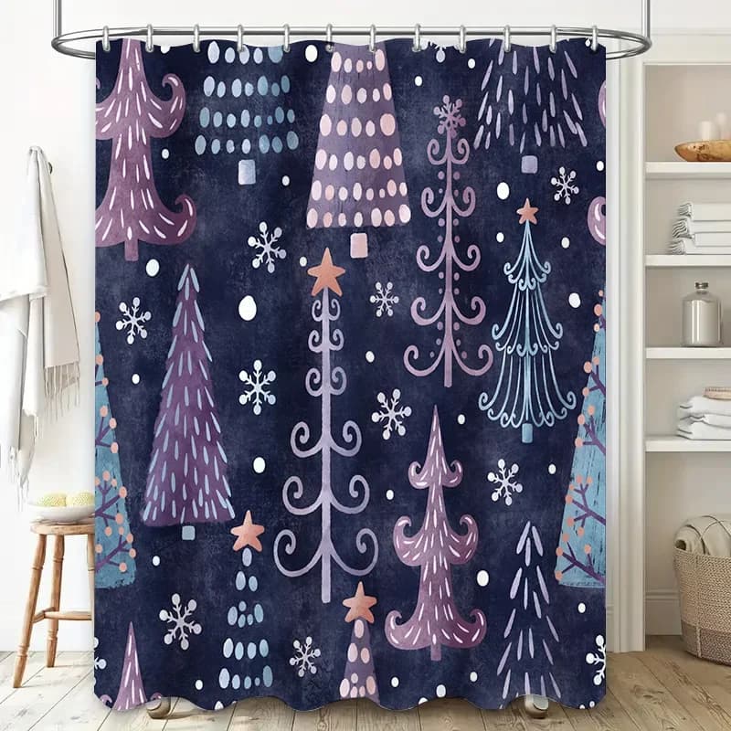 Tenda da doccia per albero di Natale, arredamento festivo per il tuo bagno, tessuto stampato blu scuro e rosa, copertura impermeabile per tappetino da bagno, taglia 7