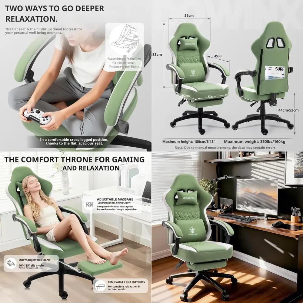 Sedia da Gaming in Tessuto Traspirante con Imbottitura in Gel e Vano Portaoggetti, Comoda Sedia Ergonomica da Computer con Poggiapiedi, Verde