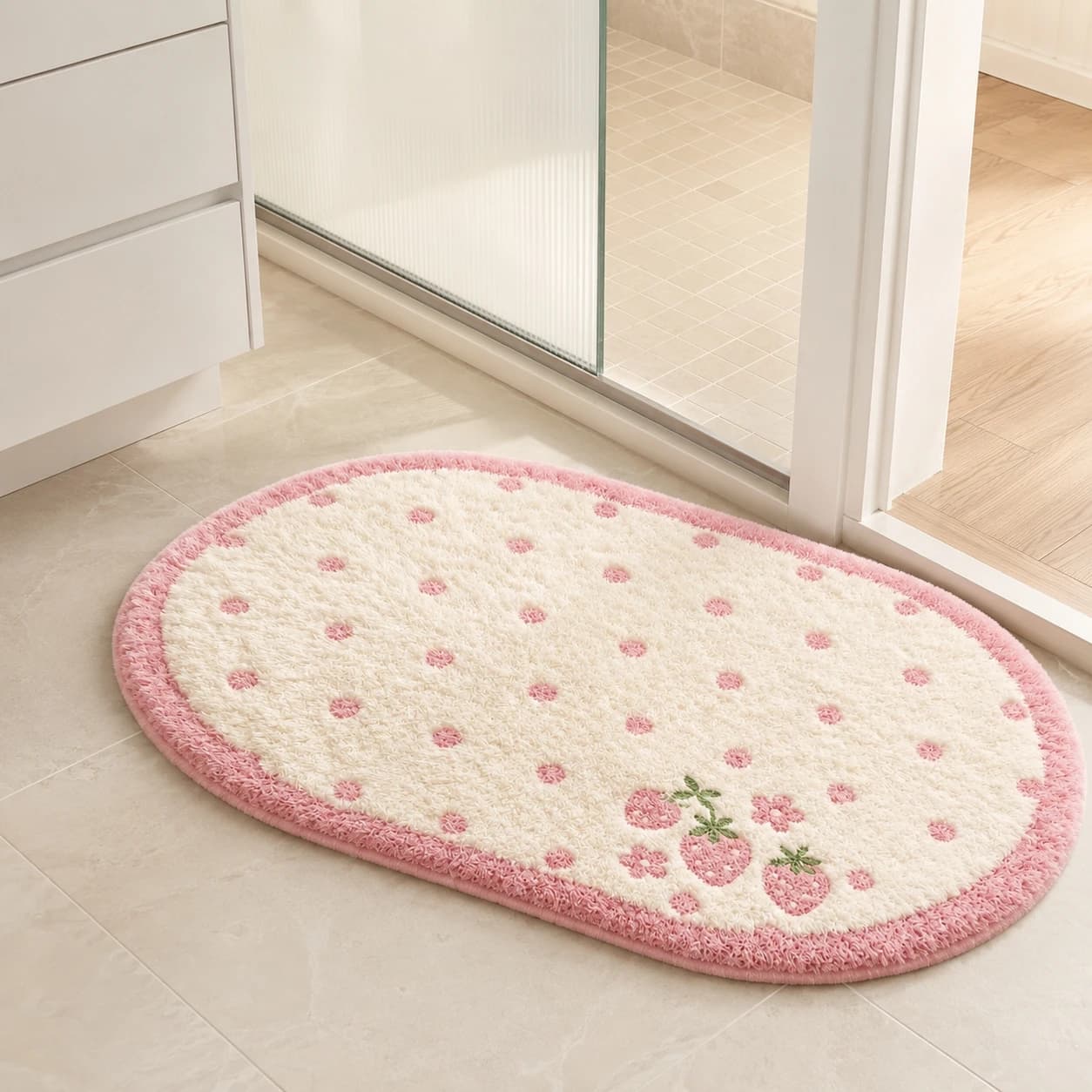 Pink Strawberry Plush Bath Mat, Cute Polka Dot Absorbent Non-Slip Bathroom Rug for Shower Door Bedroom