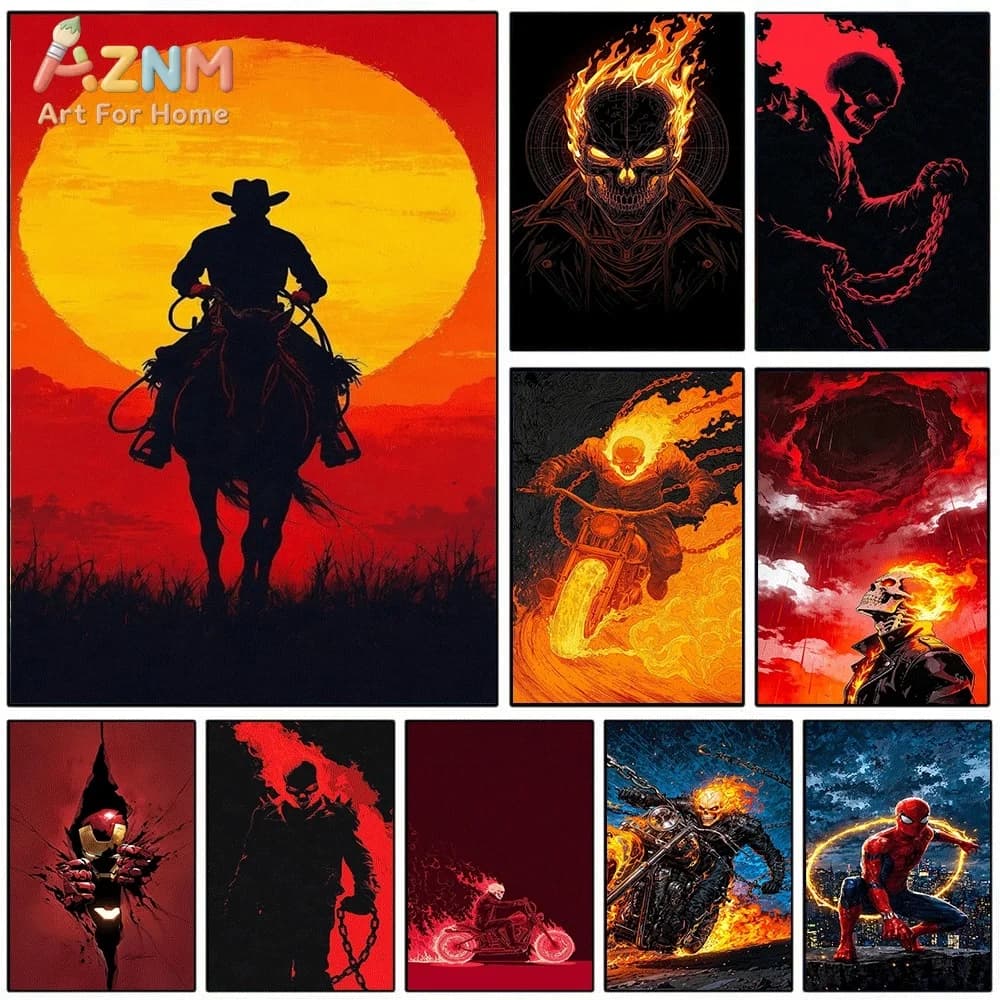 Cowboy Rider Sunset Silhouette Canvas Wall Art Western Retro Decor Print Poster, Unframed Canvas Picture for Living Room Bedro