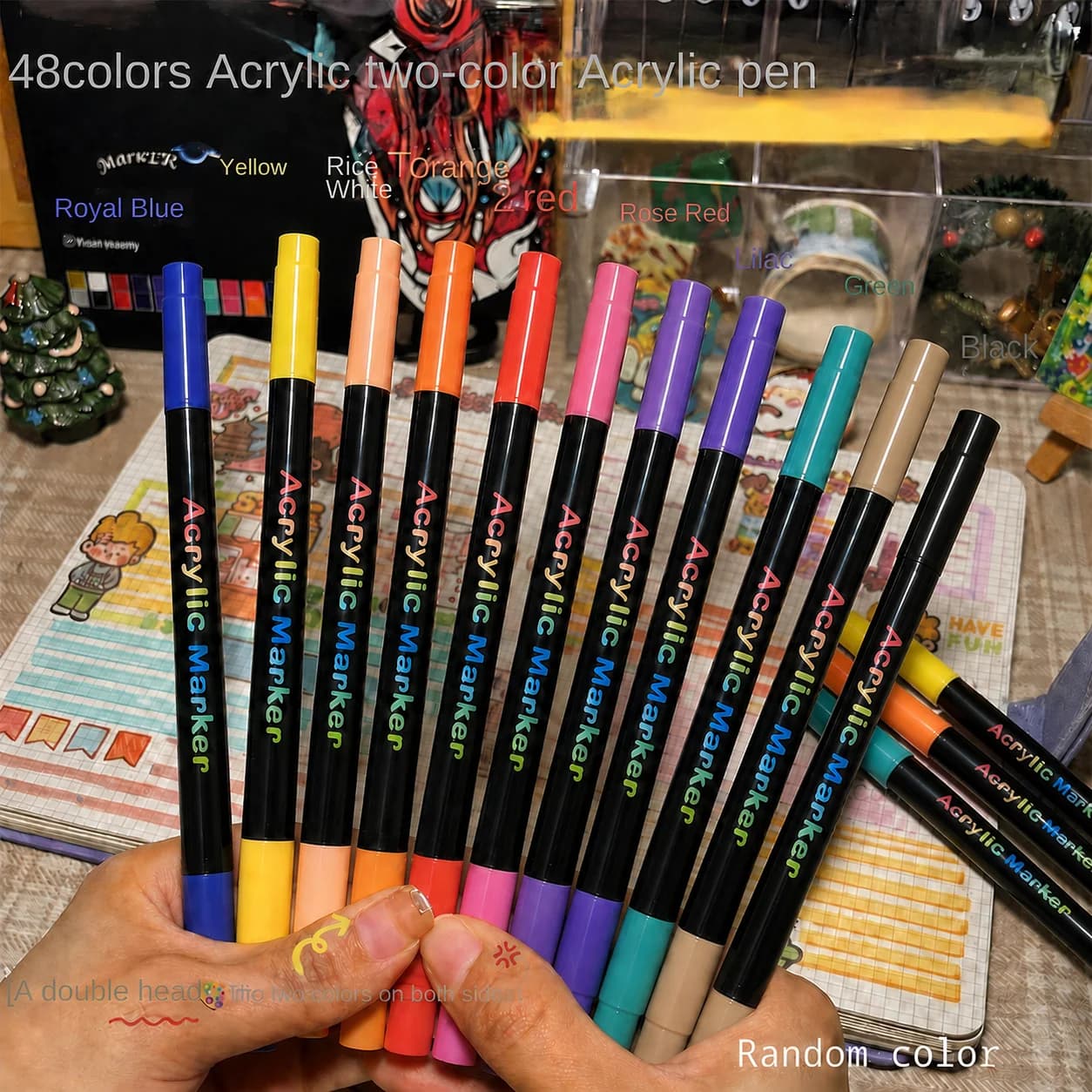 Professional 48 Color Acrylic Pens, Double Fine Point and Brush, Suitable for Stone, Wood, Calligraphy