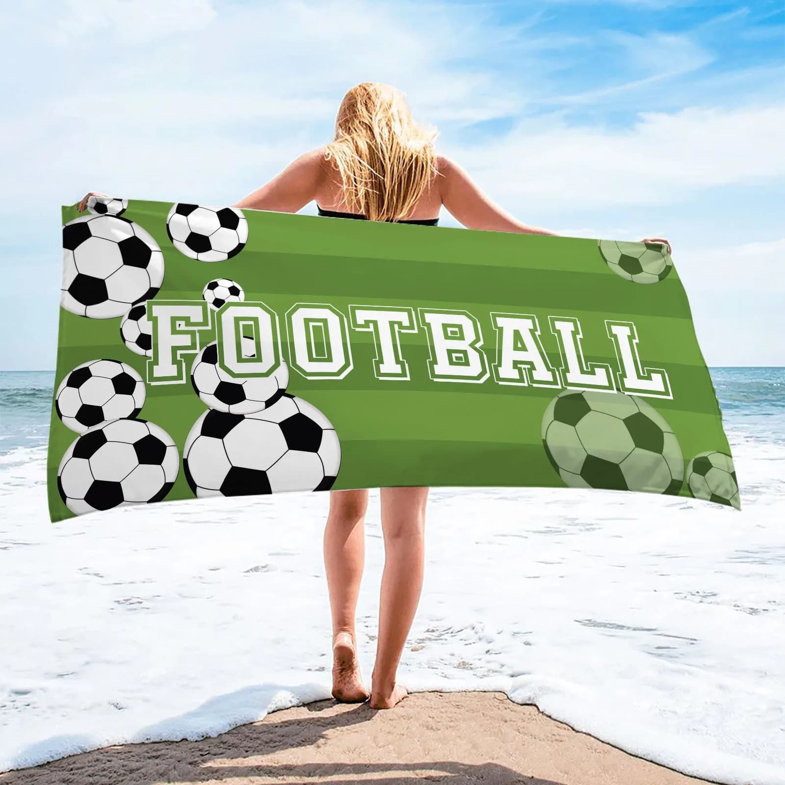 Telo Mare da Calcio con Stampa Campo Verde, Asciugamano in Poliestere ad Asciugatura Rapida, Anti-Sabbia, Coperta Sportiva per Bambini, Tifosi, Piscina, Viaggi