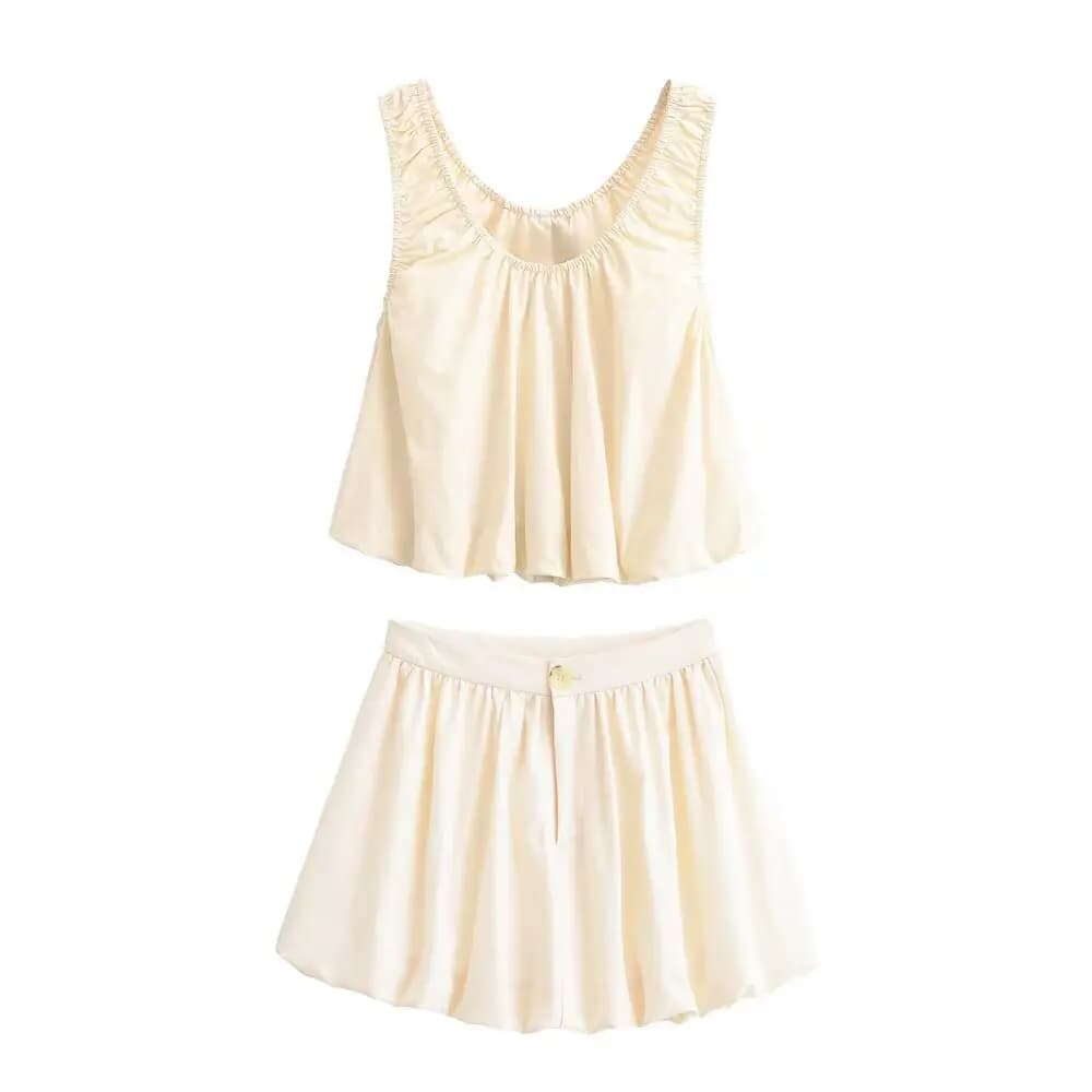 Fashionable round Neck Wide Shoulder Strap Women's Top with Flower Bud Half Skirt Cross-Border Organic Cotton Casual Pants