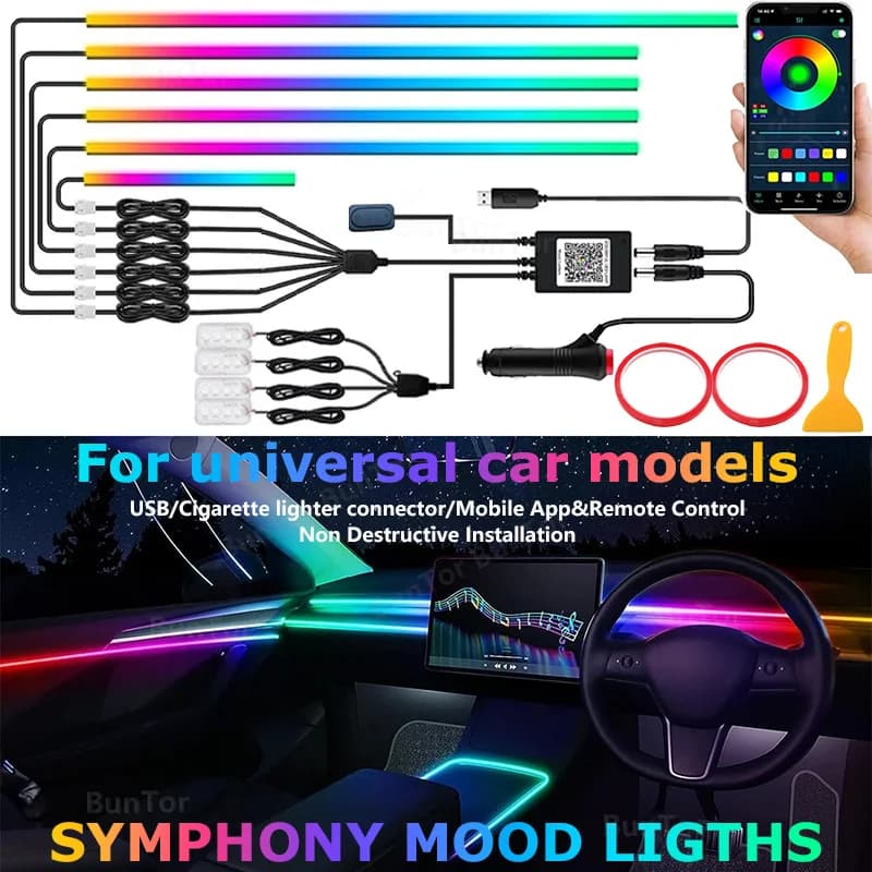 Car Ambient Light/64 Colors Acrylic LED Lamp Strips/RGB Car Interior Music Mood Lighting/ USB/Cigarette Lighter Power Supply