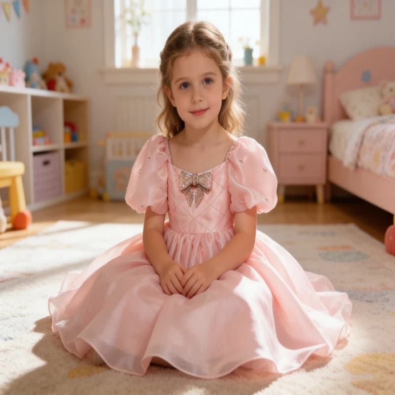 Abito da Principessa in Raso Rosa per Bambine con Fiocco e Maniche a Sbuffo, Vestito da Damigella per Matrimoni 2-14 Anni, Abito al Ginocchio per Feste di Compleanno