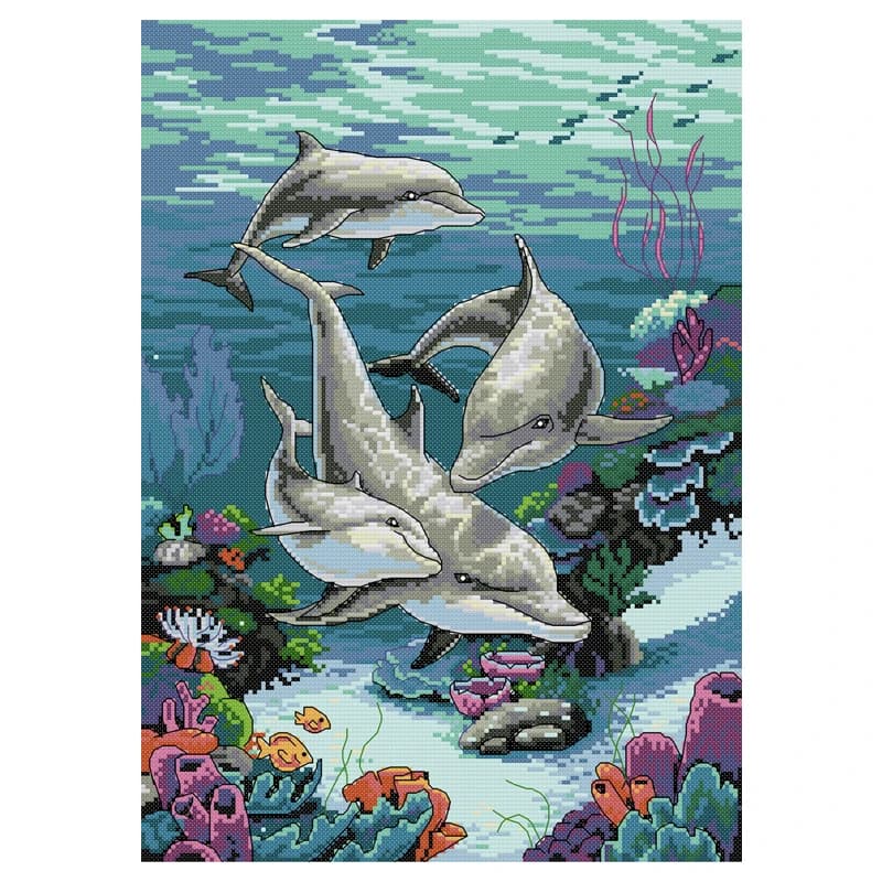 Joy Sunday Cross Stitch 3 Dolphins 14CT Print Fabric Animal Stamped Cross Stitch Craft Kit Embroidery Needlework Sets