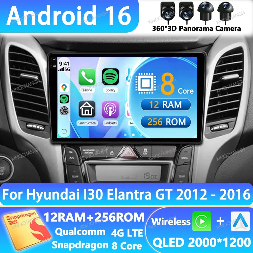 Android 16 Car Radio For Hyundai I30 Elantra GT 2012 2013 2014 2015 2016 Multimedia Video Player 2DIN 4G WIFI QLED Navigation BT