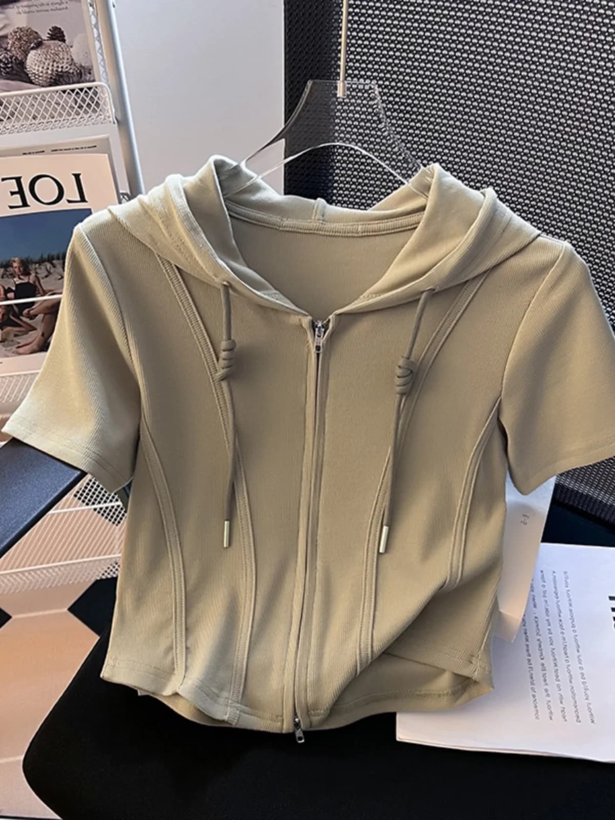 Double Zipper Hoodie Women's T-shirt Summer Short Sleeve Slimming Top Large Brand Commute Style Loose Fit Pure Cotton Knitted