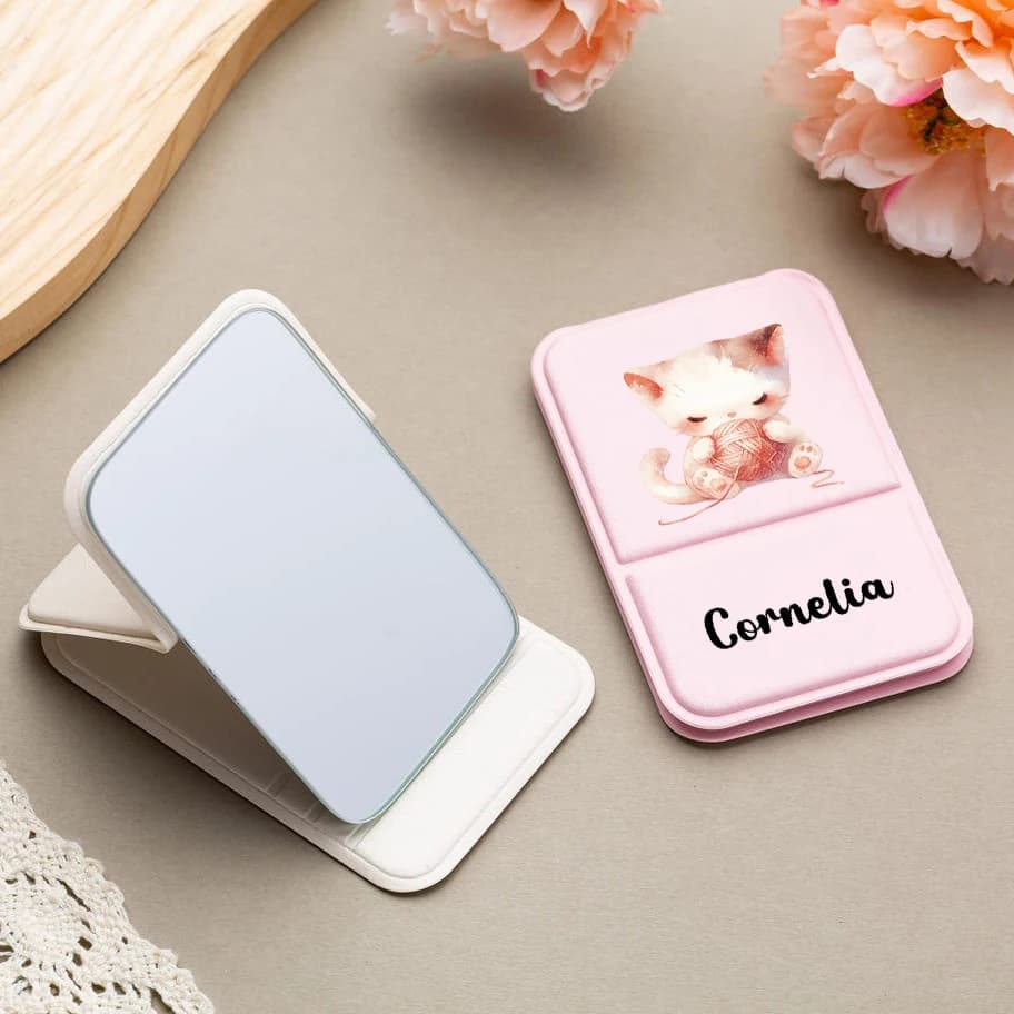 Nuovo Design Specchietto Tascabile Pieghevole con Nome Personalizzato a Forma di Gatto, Specchio per il Trucco, Regalo per Anniversario