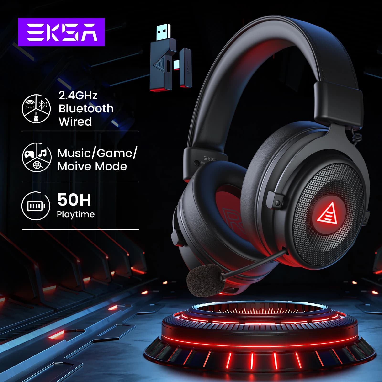 EKSA E900 BT Cuffie Bluetooth wireless da 2,4 GHz Cuffie da gioco cablate USB/Type C 7.1 con microfono ENC per PC/PS4/PS5/Xbox,50H