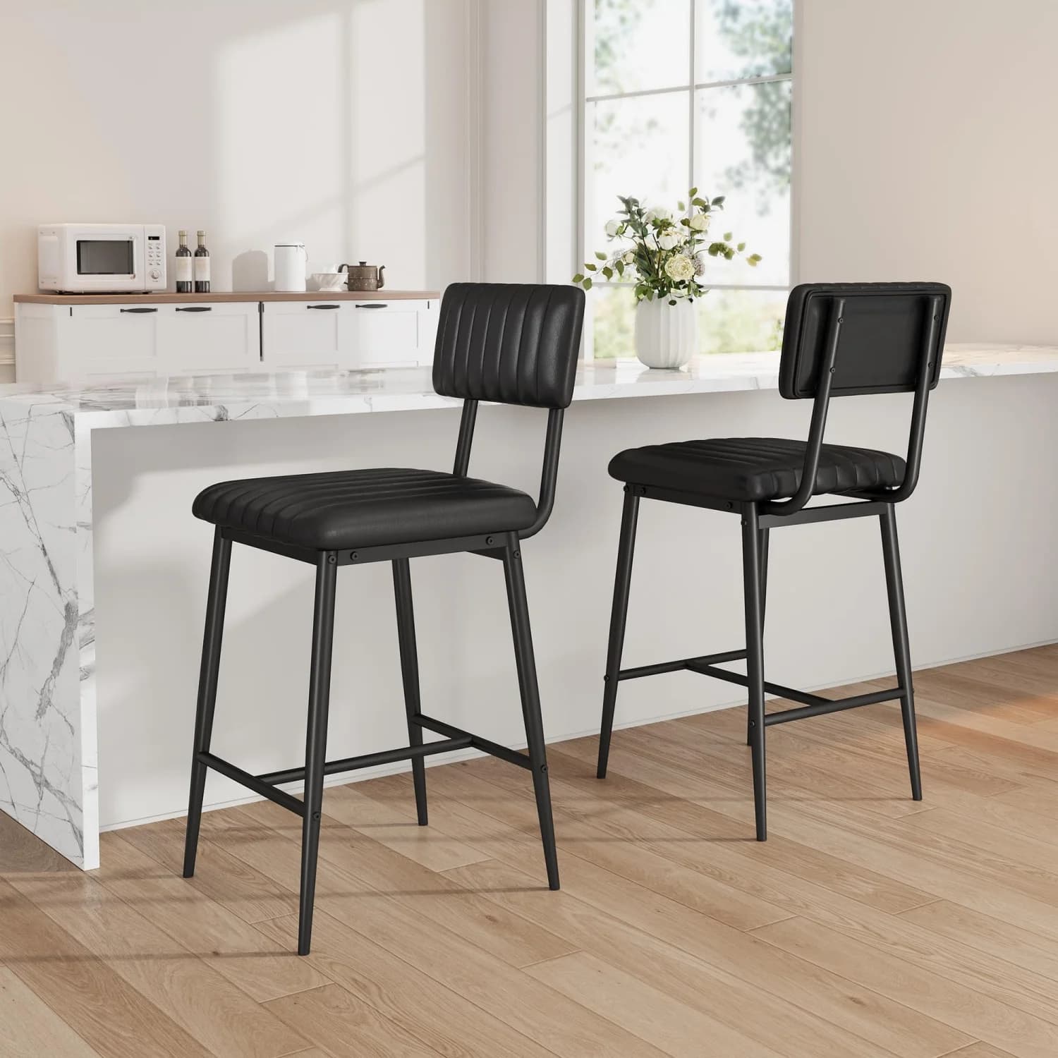 Set of 2 Bar Stools, High Stools Padded with Pillow Thickness and Metal Legs, for Kitchen Island and Bar Bench