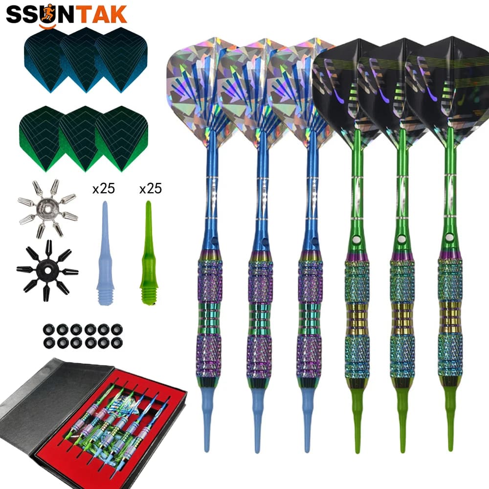 SSUNTAK 6 Pcs Brass Soft Tip Darts Set Colorful Rainbow Plating Darts Kit with Extra Dart Tips Flights Shafts Gift Indoor Game