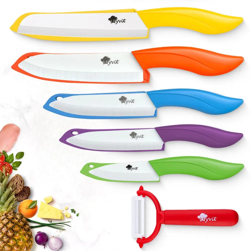 Set di coltelli in ceramica Coltelli da cucina 3 "4" 5 "6" + Pelapatate + Coltello da pane da 6 "Coltello in ceramica Lama in zirconia bianca di alta qualità