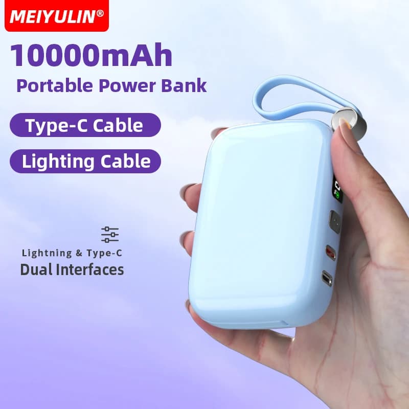 10000mAh Power Bank Built-in Type-C Fast Charging Cable Portable External Spare Battery Powerbank for iPhone 17 Samsung Xiaomi