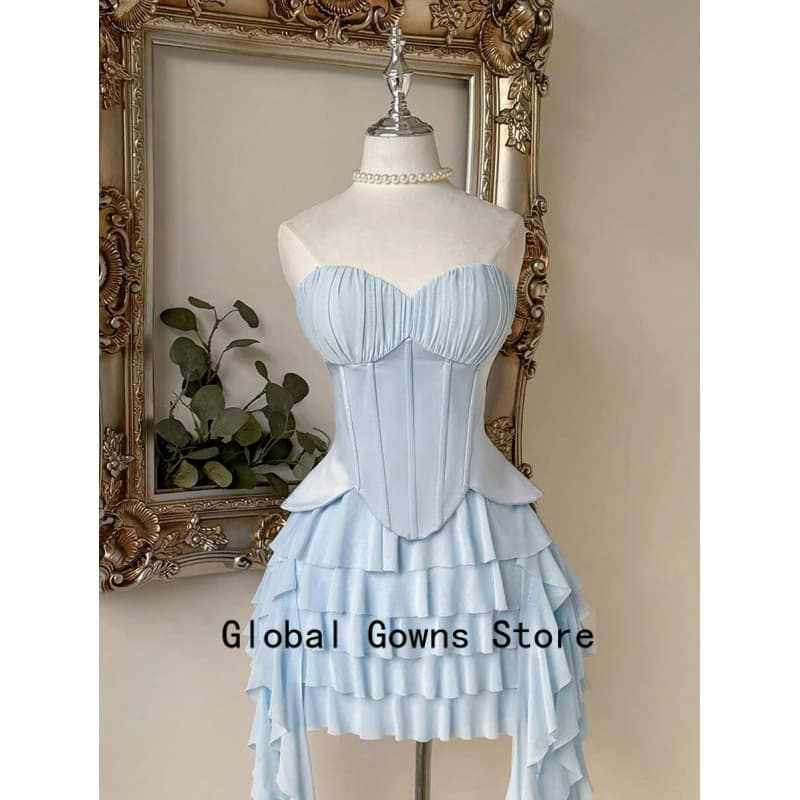 Sky Blue Strapless Homecoming Corset Prom Dresses for Women 2026 Long Tiered Ruffle Chiffon Formal Evening Gown Customized