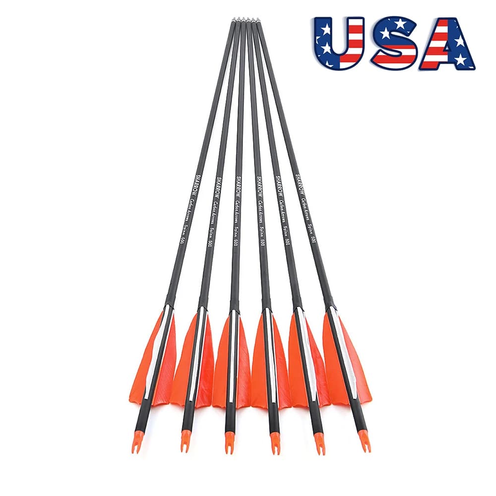 Frecce in Carbonio Misto Spine 500, 12 Pezzi, Punte da 100 Gr, Diametro Interno 6,2mm, Diametro Esterno 7,8mm, Asta 4 Pollici, Piume di Tacchino per Tiro con l'Arco e Caccia