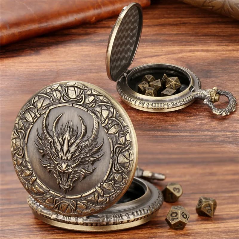 7 pcs/set Mini Measures Nudes Metal for Table Game Role Game Dice Game with Dragon Head Pocket Watch Cash Chain