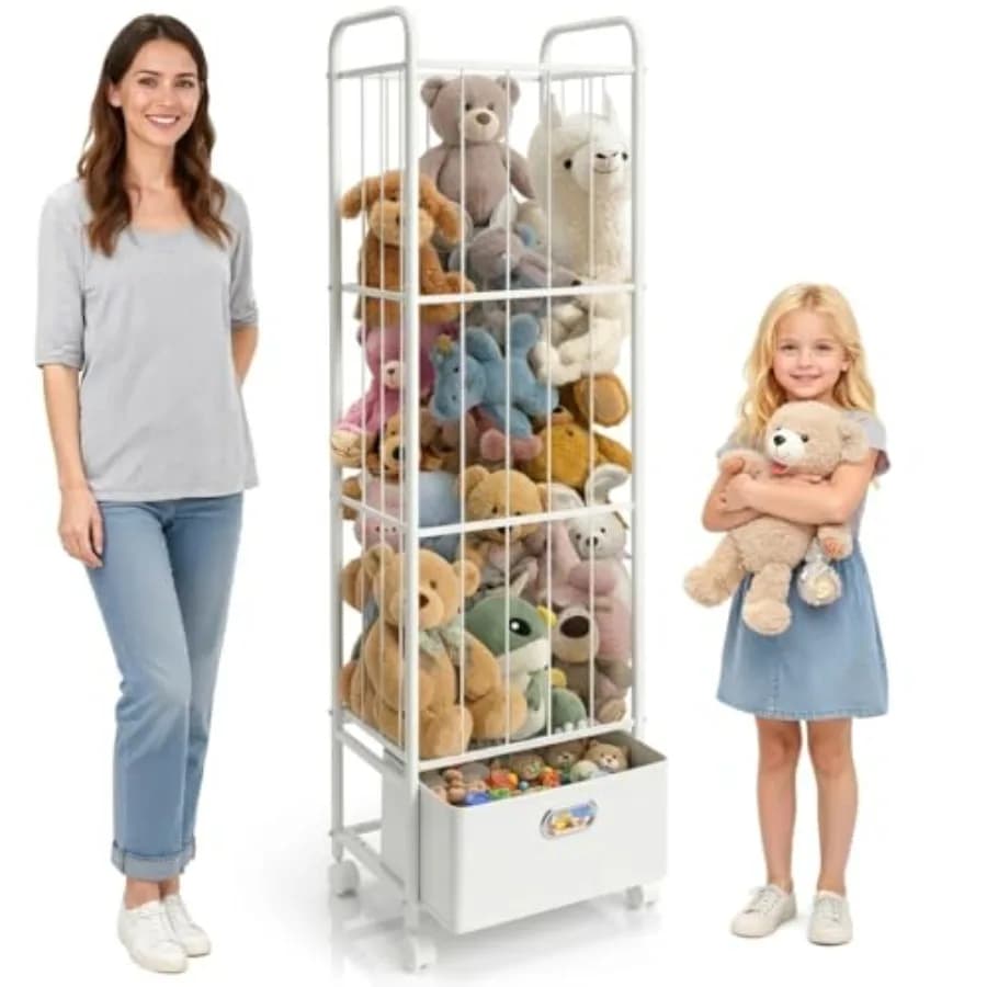 Organizzatore per Peluche in Metallo con Cassetto in Tessuto e Ruote, Porta Giocattoli Verticale Alto per Animali di Peluche