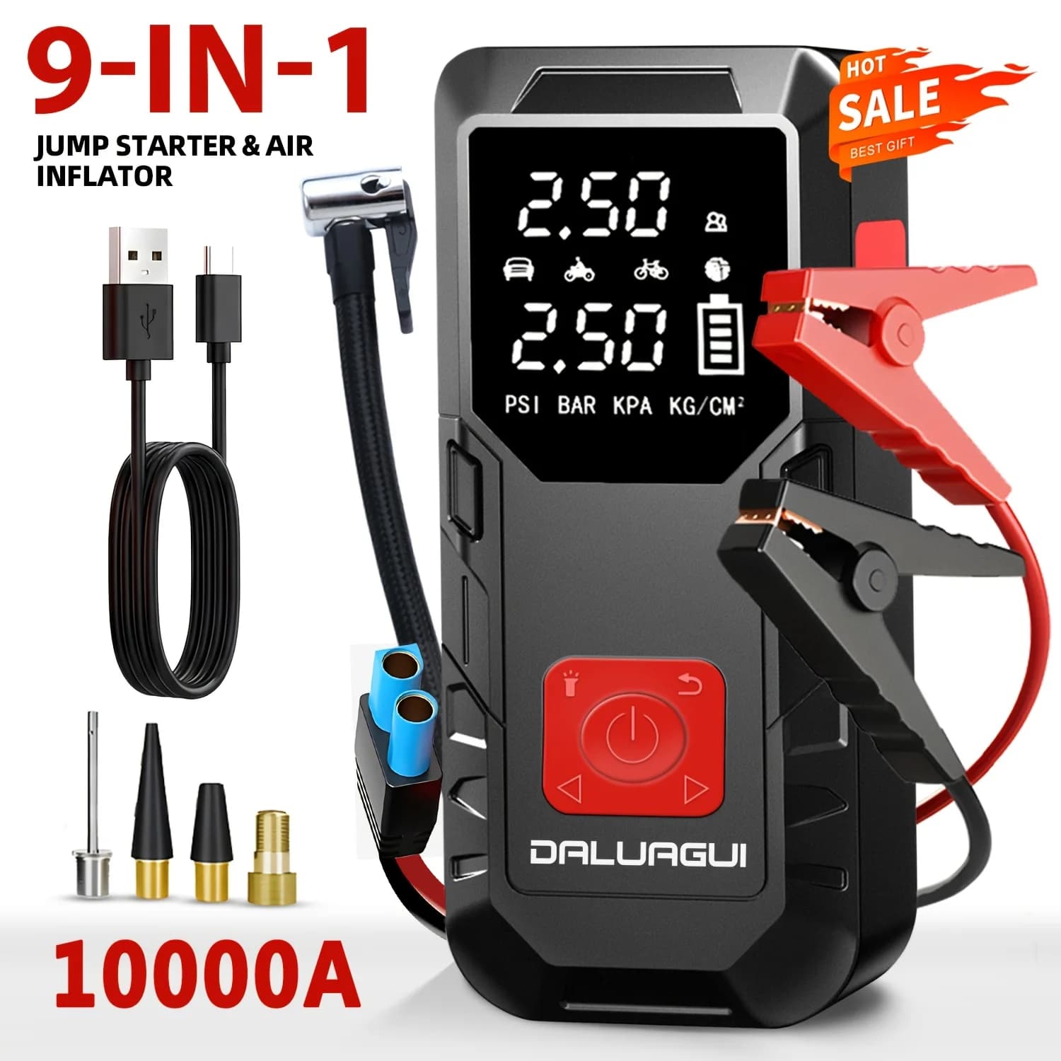 Avviatore d'emergenza portatile 9-in-1 per auto con pompa ad aria e alimentazione, compatibile con motori diesel, gonfiaggio pneumatici adatto per gomme, Sw