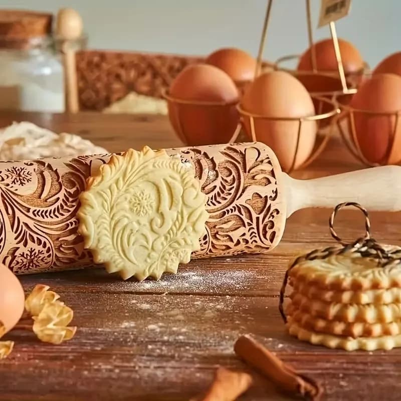 Embossed Snowflake Rolling Pin Christmas Baking Tool Cookie Dough Fondant Pattern Kitchen Accessory Christmas Gift for Baking