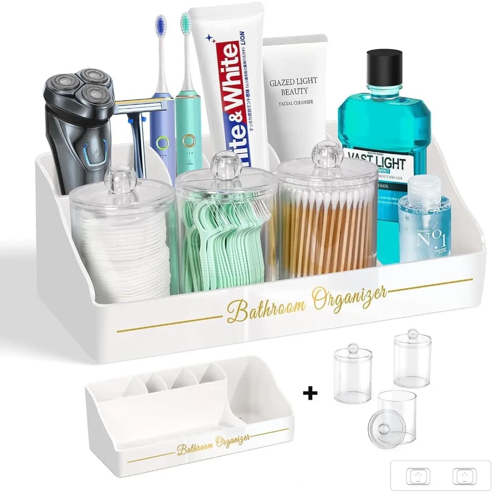 Organizer da appoggio per bagno, portaspazzolino per bagno con dispenser porta Qtip da 3 pezzi e drenaggio porta dentifricio