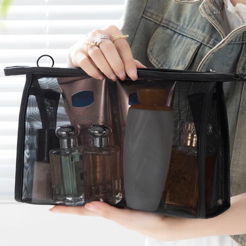 Black Network Travel Cosmetic Bag Makeup Bag with Zipper for Women Toiletry Bag for Washing Organizer for Makeup Portable Case