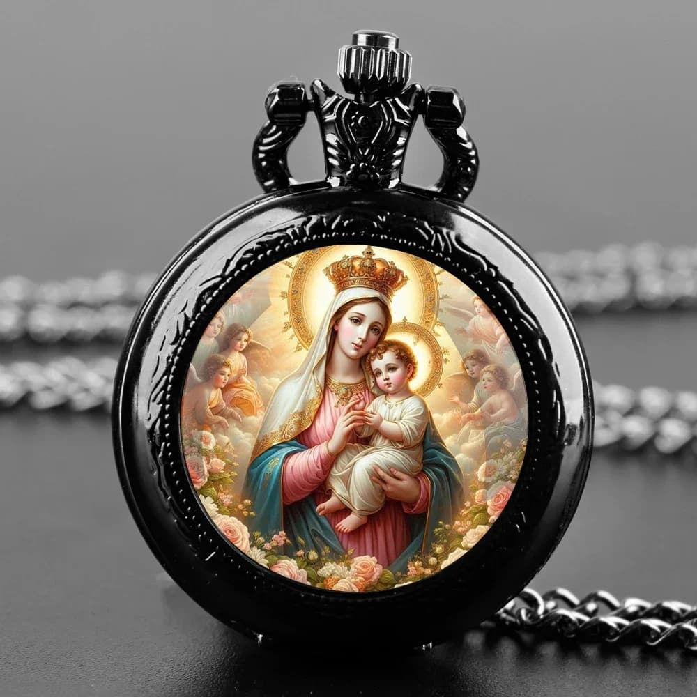 Orologio da tasca Vergine Maria e bambino con collana a catena Orologio con quadrante digitale arabo vintage con catena Uomo Donna Regalo souvenir