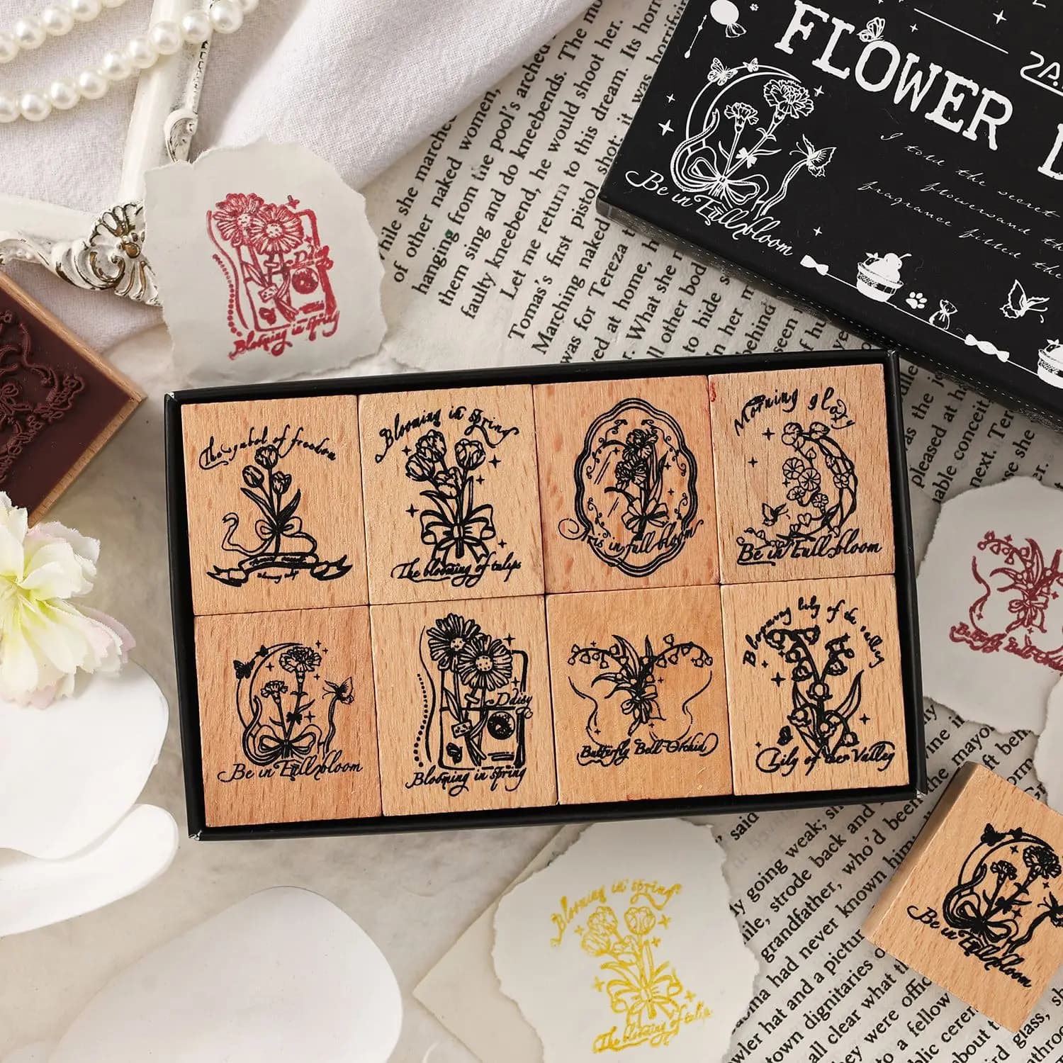 8 pcs Botanical Flower Wood Handle Stamp, Nature Plant Elements Seal for DIY Planner Notebook Photo Album Ornament