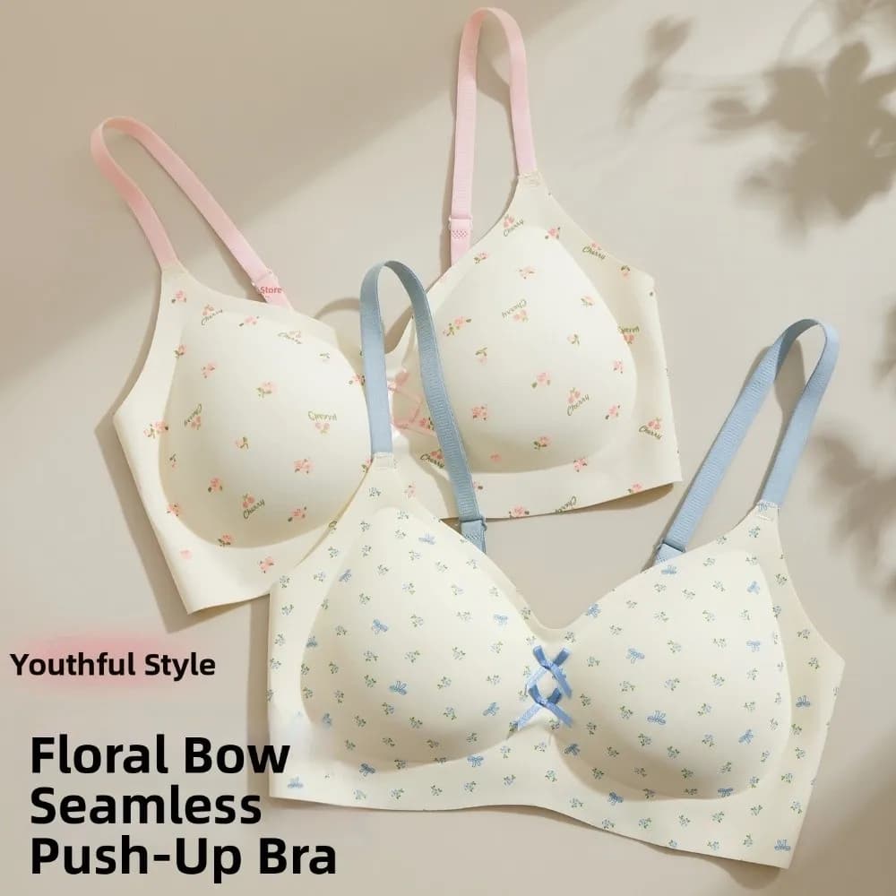 Reggiseno Senza Cuciture con Punti Invisibili, Stampa Floreale, Fiocco, Push-Up, Anti-Cedimento, Lingerie per Yoga